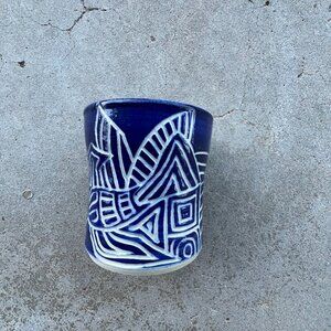 Blue and White Carved Wine or Espresso Cup Handmade Pottery